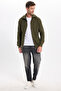 Men's Slim Fit Mock Neck Zippered Khaki Plain Cardigan - 2