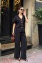 Women's Black Button Detailed Short Sleeve Shirt Wide Leg Pants Soft Modal Bottom Top Set - 2