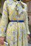 Soft Patterned Green Chiffon Dress with Belted Collar - 2