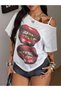 Women's Rope Detail Boat Neck Lip Print Oversize 100% Cotton T-Shirt - 3