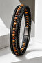 Men's Black Agate Stone Leather Bracelet Multi-Layered Black Weave Design Stylish Bracelet with Steel Clip
