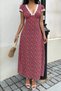 New Season Women's Short Sleeve Deep V Collar Lace Detailed Floral Patterned Long Single Jersey Dress - 5