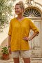 Mustard Color Round Neck 3/4 Sleeve Buttoned Slit 3D Embroidered Casual Cotton Woven Blouse 73 61