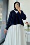 V-Neck Waist Gathered Muslin Blouse – Navy Blue - 2