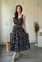 Polka Dot Midi Black Dress with Straw Belt Detail - 5