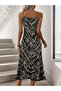 Women's Rope Strap V-Neck Patterned Long Single Jersey Dress - 5