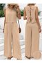 Beige Sleeveless Back Detailed Top Wide Leg Pants Two Piece Set Women's Summer Stylish Set - 2