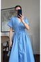 Baby Blue 100% Cotton Pleated Bat Sleeve Dress with Tie at the Waist - 206201 - 2