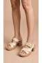 Buckle Detail Women's High Straw Look Shoes with Front Stripes Wedge Heel Slipper Sandals - 4