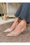 Zayoren1Women's Pointed Toe Open Back Lace Gold Clip Detailed Elegant Shiny Wedding Engagement Daily Use Suitable Short Heel Heeled Shoes 7 cm - 3