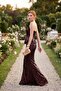 Women's Brown Shawl Collar Sequin Long Fishtail Evening Dress - 5
