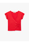 Slim Fit Ruffled Butterfly Sleeve Double Breasted V-Neck T-Shirt