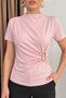 Women's T-Shirt Short Sleeve Gold Buckle Detailed Gathered Draped High Neck Sandy Lycra Stylish Blouse - 3