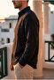 Men's Half Oversize Breathable Black Muslin Fabric Long Sleeve Shirt with Embroidery Detail Ls-13048 - 3