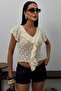 Women's Lace Blouse with Ruffle Detail, V-Neck, Transparent