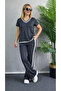 Women's Short Sleeve V-Neck Viscose Two Thread Blouse and Trousers Two-Piece Set - 3