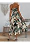 Women's Rope Strap V-Neck Long Patterned Single Jersey Dress with Belt at the Waist - 6