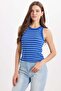 Women's slim fit cotton tank top with striped cobalt blue bicycle collar