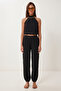 Halter Neck Blouse Pants Crinkle Set Lfw0027 Black