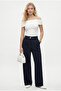 Women's Edward Back Waist Elastic Pleated Gold Buttoned Pocketed Crepe Woven Palazzo Navy Blue Trousers - 2