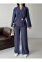 Women's Double-Breasted Two-Piece Suit in Navy Blue with Gold Buckle - 7