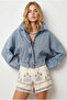 Women's Light Blue Hidden Placket Zipper Bat Model Denim Jacket Ckt-19000533