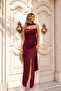 Red Glittery Draped Detailed Slit Evening Dress 583396 - 3