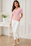 Women's Short Sleeve V-Neck Cotton Trendy Stylish White Striped Powder Knitwear Blouse - 2
