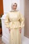 Yellow Collared Skirt Suit with Gathered Waist and Tie - 4