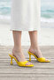 Lumia Shiny Single Strap Pointed Toe Goblet Heeled Slippers - Yellow Patent Leather - 5