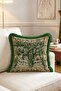 Botanical Bird Figured Tapestry Fringed Throw Pillow Cover Green Tassel Vintage Pillowcase - 4