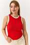 Women's Beige Striped Crew Neck Undershirt Red - 2