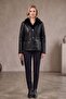 Black Horizontal Trim Shiny Genuine Leather and Fur Women's Coat