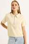 Polo Collar Half Zipper Women's Tshirt Cream - 3