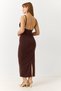Women's Backless Guipure Detailed Draped Sandy Dress Brown - 5