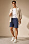 Men's Navy Blue Pique Fabric Elastic Waist Lace-Up Shorts