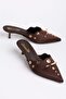 Women's Thin Heeled Slippers Brown Closed Toe with Pointed Metal Trim