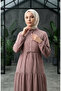 Floral Patterned Belted Hijab Dress 0293-03 Milky Coffee - 4