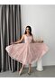 Powder Lace Embroidered Sequined Belted Square Neck Evening Dress - 5