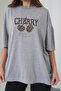 Women's Leopard Pattern Cherry Printed Gray Round Neck T-Shirt Black Jogger Sweatpants Set - 3