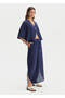 Navy Blue Slit Detailed Linen Trousers - 3