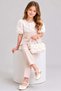 Girl's Crew Neck Blouse with 3D Rose Embroidery and Ribbon Detail, Cream Top and Bottom Set - 3