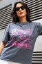 Women's Anthracite Oversize Printed Cotton Crew Neck T-Shirt - 3