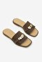 Women's Genuine Leather Thick-Strapped Buckle Casual Slippers Sivera Brown Suede - 5