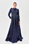 Stone-Embellished Taffeta Evening Dress - Navy Blue