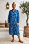 Blue Hakim Collar Long Sleeve Patterned Buttoned Hidden Pocket Casual Viscose Woven Dress 118 67 - 3