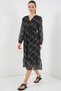 Women's V-Neck Gathered Waist Striped Pattern Chiffon Black Dress - 2