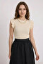 Women's Round Neck Ruffle Sleeve Cream Blouse - 5