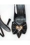 Women's Black Patent Leather Bow and Stone Accessory 7 cm Heeled Shoes and Bag Set - 7