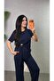 Women's Short Sleeve Crew Neck Side Buckle Detailed Viscose Two-Thread Blouse and Trousers Two-Piece Set - 2